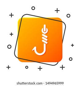 White Fishing hook icon isolated on white background. Fishing tackle. Orange square button. Vector Illustration