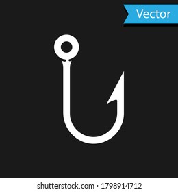 White Fishing hook icon isolated on black background. Fishing tackle. Vector Illustration