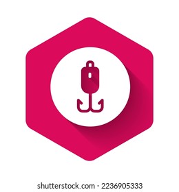 White Fishing hook icon isolated with long shadow. Fishing tackle. Pink hexagon button. Vector