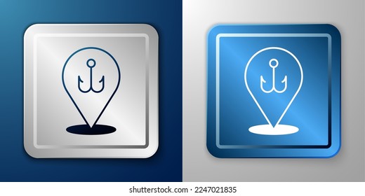 White Fishing hook icon isolated on blue and grey background. Fishing tackle. Silver and blue square button. Vector