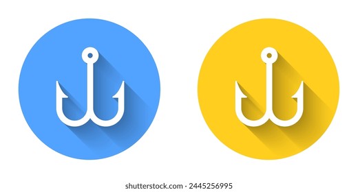 White Fishing hook icon isolated with long shadow background. Fishing tackle. Circle button. Vector