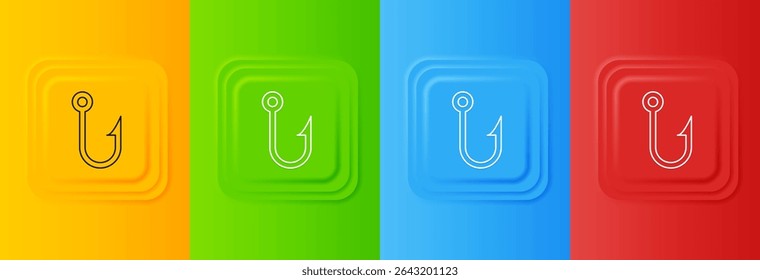 White Fishing hook icon isolated on colorful background. Fishing tackle. Set icons in square buttons. Vector