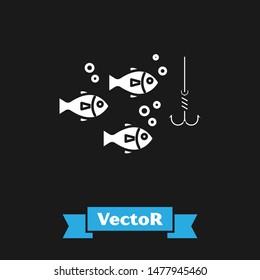 White Fishing hook under water with fish icon isolated on black background. Fishing tackle.  Vector Illustration