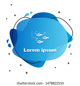 White Fishing hook under water with fish icon isolated on white background. Fishing tackle. Abstract banner with liquid shapes. Vector Illustration