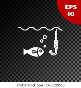 White Fishing hook under water with fish icon isolated on transparent dark background. Fishing tackle. Vector Illustration White Fishing hook under water with fish icon isolated on transparent dark background. Fishing tackle. Vector Illustration