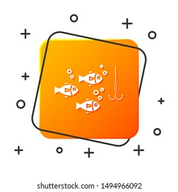 White Fishing hook under water with fish icon isolated on white background. Fishing tackle. Orange square button. Vector Illustration