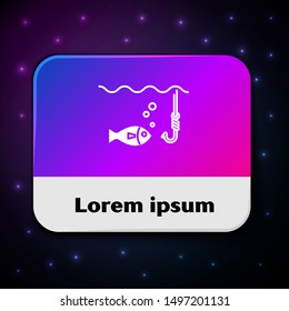 White Fishing hook under water with fish icon isolated on black background. Fishing tackle. Rectangle color button. Vector Illustration