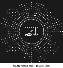 White Fishing hook under water with fish icon isolated on grey background. Fishing tackle. Abstract circle random dots. Vector Illustration