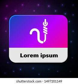 White Fishing hook and worm icon isolated on black background. Fishing tackle. Rectangle color button. Vector Illustration