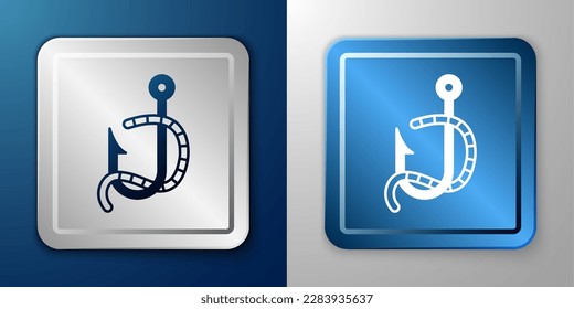 White Fishing hook and worm icon isolated on blue and grey background. Fishing tackle. Silver and blue square button. Vector