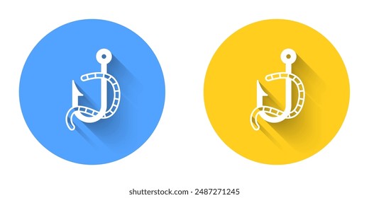 White Fishing hook and worm icon isolated with long shadow background. Fishing tackle. Circle button. Vector