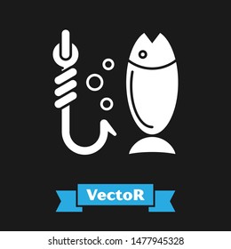 White Fishing icon isolated on black background. Fish and hook. Strategy concept. Bait sign.  Vector Illustration