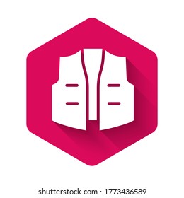 White Fishing jacket icon isolated with long shadow. Fishing vest. Pink hexagon button. Vector