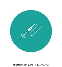 White Fishing line with hook and float icon isolated with long shadow. Fishing tackle. Green circle button. Vector Illustration