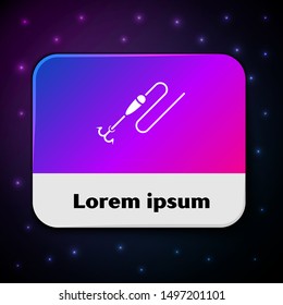 White Fishing line with hook and float icon isolated on black background. Fishing tackle. Rectangle color button. Vector Illustration