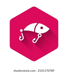 White Fishing lure icon isolated with long shadow. Fishing tackle. Pink hexagon button. Vector