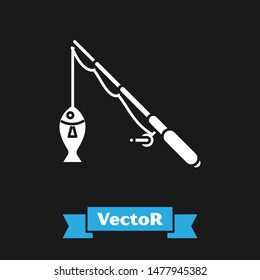 White Fishing rod and fish icon isolated on black background. Fishing equipment and fish farming topics.  Vector Illustration