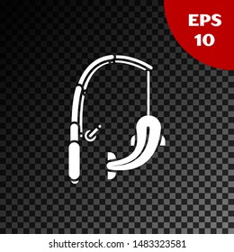 White Fishing rod and fish icon isolated on transparent dark background. Catch a big fish. Fishing equipment and fish farming topics.  Vector Illustration