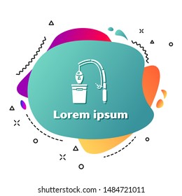 White Fishing rod and fish icon isolated on white background. Put fish into a bucket. Fishing equipment and fish farming topics. Abstract banner with liquid shapes. Vector Illustrationn