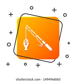 White Fishing rod and fish icon isolated on white background. Fishing equipment and fish farming topics. Orange square button. Vector Illustration