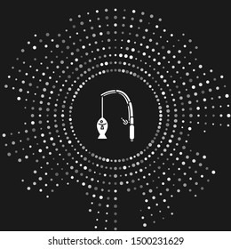 White Fishing rod and fish icon isolated on grey background. Fishing equipment and fish farming topics. Abstract circle random dots. Vector Illustration