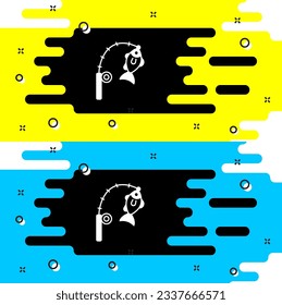 White Fishing rod and fish icon isolated on black background. Fishing equipment and fish farming topics.  Vector