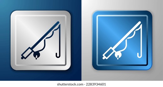 White Fishing rod icon isolated on blue and grey background. Catch a big fish. Fishing equipment and fish farming topics. Silver and blue square button. Vector