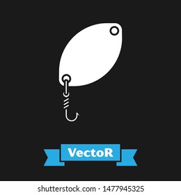 White Fishing spoon icon isolated on black background. Fishing baits in shape of fish. Fishing tackle.  Vector Illustration