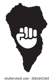 
White fist on the black silhouette of the map of La Palma. Strength for La Palma, Canary Islands