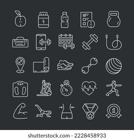 White fitness icons set. Collection of graphic elements for website. Active lifestyle and sports, health care and muscle strengthening. Cartoon flat vector illustrations isolated on black background