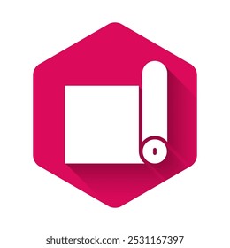White Fitness mat roll icon isolated with long shadow. Yoga mat rolled. Sport equipment. Pink hexagon button. Vector