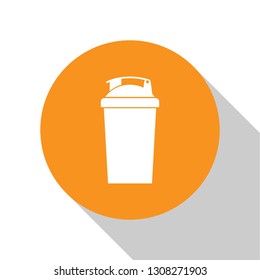 White Fitness shaker icon isolated on white background. Sports shaker bottle with lid for water and protein cocktails. Orange circle button. Flat design. Vector Illustration