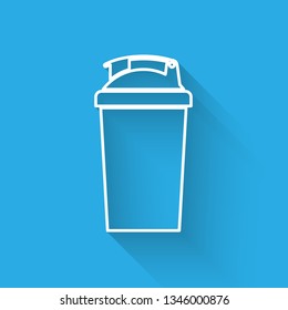 White Fitness shaker icon isolated with long shadow. Sports shaker bottle with lid for water and protein cocktails. Vector Illustration