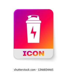 White Fitness shaker icon isolated on white background. Sports shaker bottle with lid for water and protein cocktails. Rectangle color button. Vector Illustration