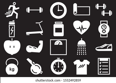 white fitness and sport  icons set isolated on black background