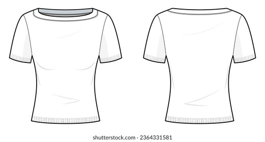 white Fitted boatneck tee shirt flat technical fashion illustration. Boatneck tee fashion flat technical drawing template, front view, back view, white color, women, CAD mockup set.