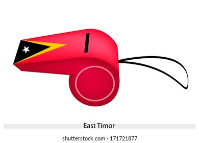 A White Five Star with Black and Yellow Isosceles Triangle Bands on A Red Field of The Democratic Republic of Tim or-Le ste Flag on A Whistle. 