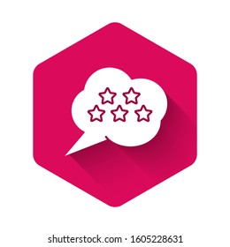 White Five stars customer product rating review icon isolated with long shadow. Favorite, best rating, award symbol. Pink hexagon button. Vector Illustration