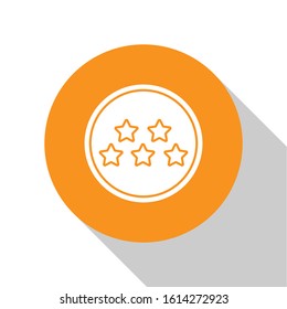 White Five stars customer product rating review icon isolated on white background. Favorite, best rating, award symbol. Orange circle button. Vector Illustration