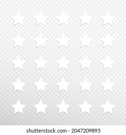 White five stars isolated vector template. Five stars rating concept vector illustration isolated on transparent background. Customer feedback concept signs, symbols. Transparent.  Vector graphic EPS 