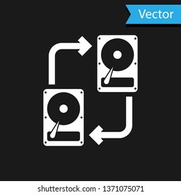 White A fixed data storage device hard disk with arrows, data copy icon isolated on black background.  