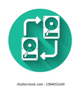 White A fixed data storage device hard disk with arrows, data copy icon isolated with long shadow. Data exchange with hard disk drive. Transfer sign. Green circle button. Vector Illustration