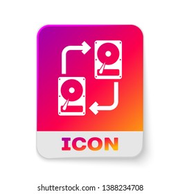 White A fixed data storage device hard disk with arrows, data copy icon isolated on white background. Data exchange with hard disk drive. Transfer sign. Rectangle color button. Vector Illustration