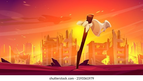 White flag at burning city background with ruins in fire, war destruction, abandoned burning broken buildings with smoke and flame after bombing, creepy apocalyptic scene, Cartoon vector
