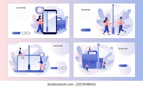 White flag. Give up or surrender metaphor. Business concept. Tiny people surrendering or giving up. Screen template for landing page, template, ui, web, mobile app, poster, banner, flyer. Vector 