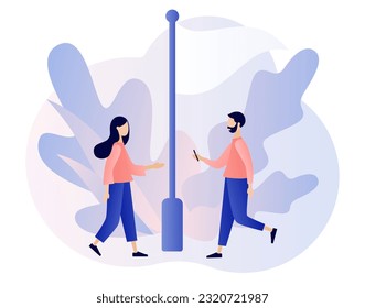 White flag. Give up or surrender metaphor. Psychology concept. Tiny people surrendering or giving up on relationships, partnership, business. Modern flat cartoon style. Vector illustration 