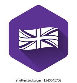 White Flag of Great Britain icon isolated with long shadow. UK flag sign. Official United Kingdom flag sign. British symbol. Purple hexagon button. Vector Illustration