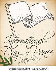 White flag in hand drawn style over ancient scroll and an olive branch as symbol of peace during International Day of Peace in September 21.