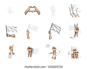 white flag and hand on white background. Vector illustration
