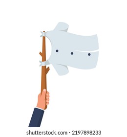 White flag holding in hand. Flag surrender. Man held up a white cloth on stick. Vector illustration flat design. Symbol give up. Peace negotiations.